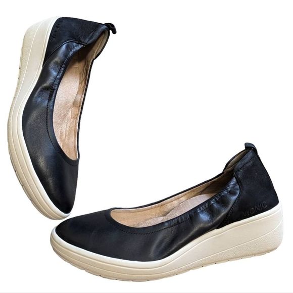 Vionic Jacey wedge black leather wedge slip on low heel shoe women's 9 - Picture 2 of 10